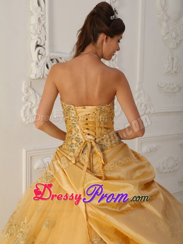 Sweetheart Beading Gold Pick Ups Taffeta and Tulle Quinceanera Gowns