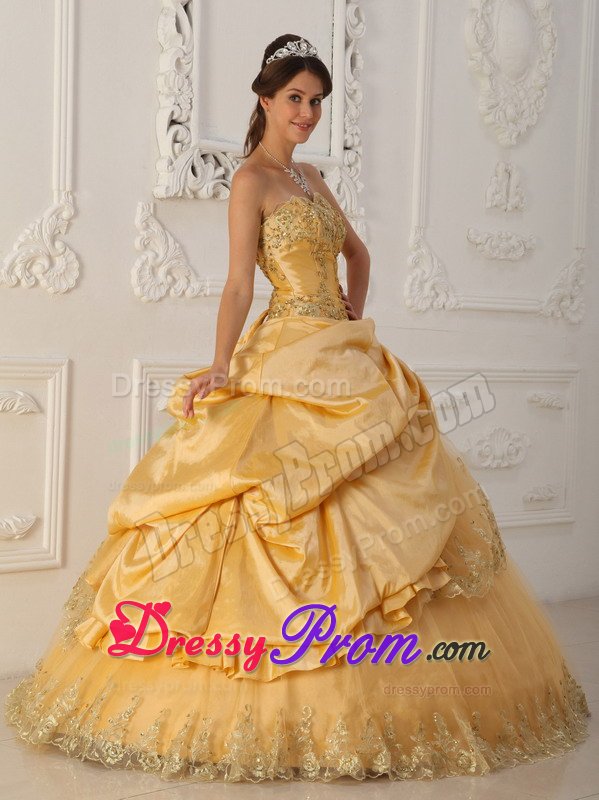 Sweetheart Beading Gold Pick Ups Taffeta and Tulle Quinceanera Gowns