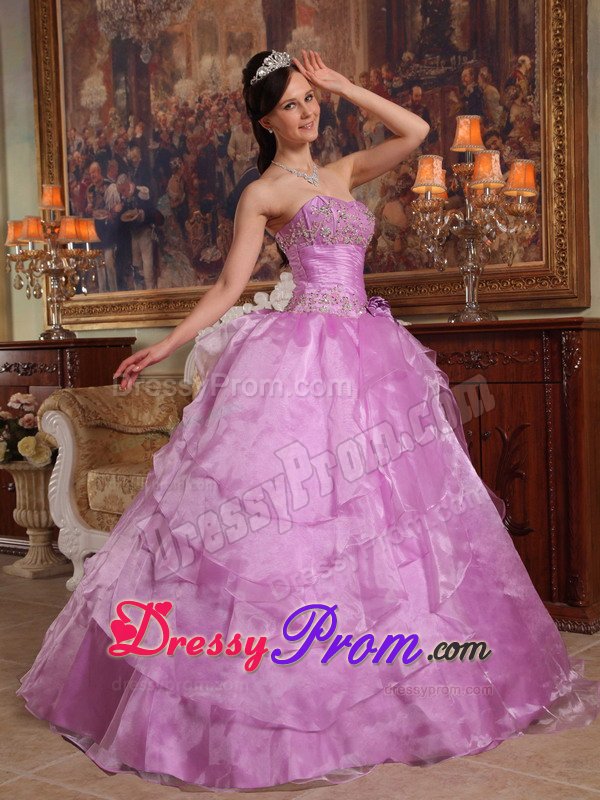 Beaded Strapless Layers Lavender Handmade Flowers Quinceanera Gown