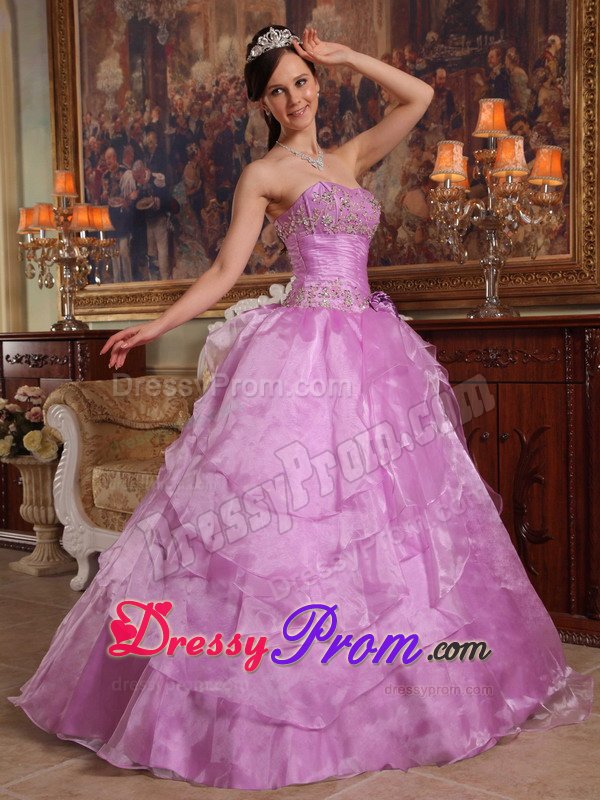 Beaded Strapless Layers Lavender Handmade Flowers Quinceanera Gown