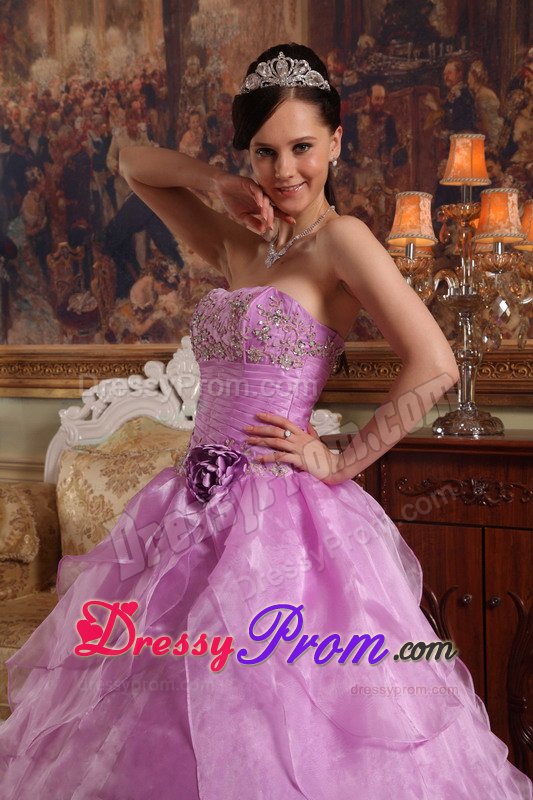 Beaded Strapless Layers Lavender Handmade Flowers Quinceanera Gown