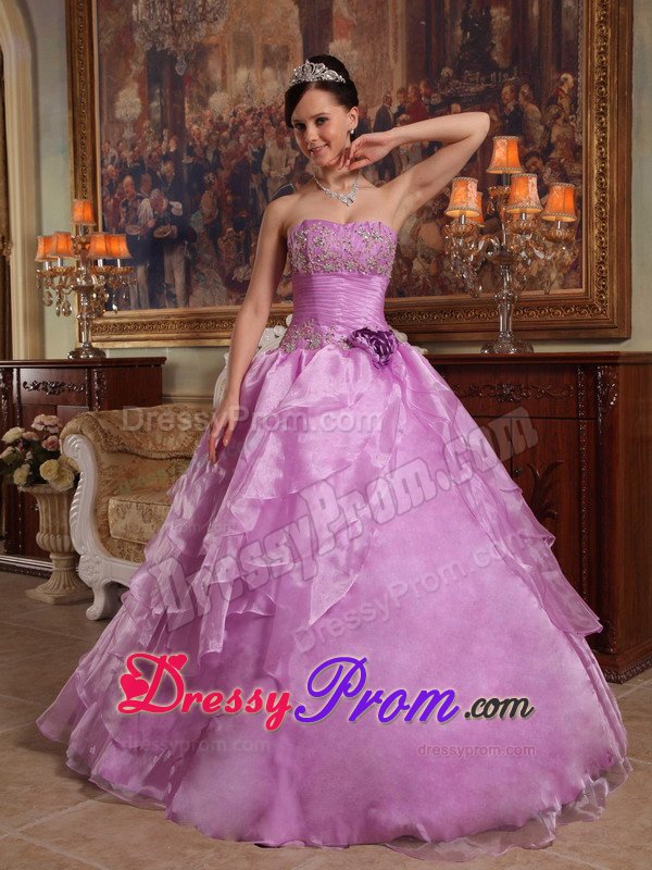 Beaded Strapless Layers Lavender Handmade Flowers Quinceanera Gown