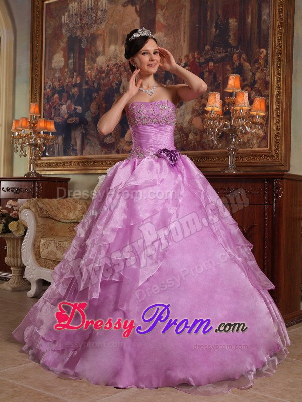 Beaded Strapless Layers Lavender Handmade Flowers Quinceanera Gown