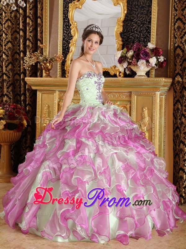 Apple Green And Fushcia Ruffled Appliqued Quinceanera Dress