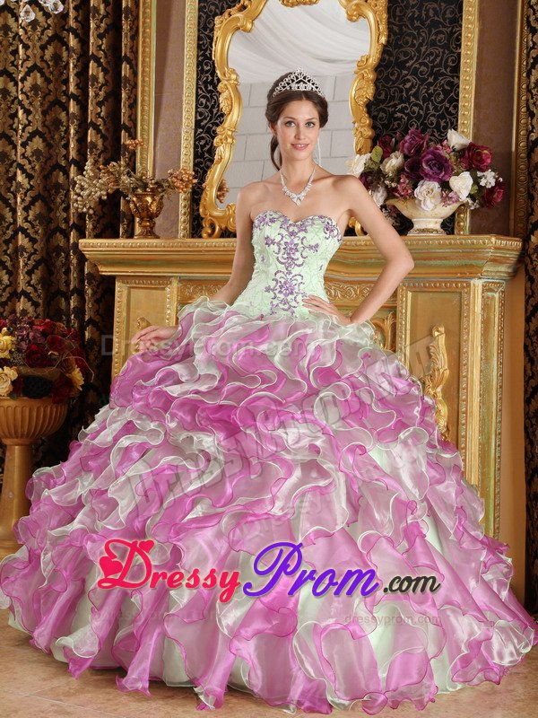 Apple Green And Fushcia Ruffled Appliqued Quinceanera Dress