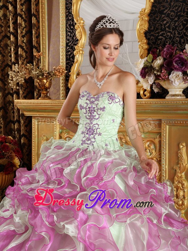 Apple Green And Fushcia Ruffled Appliqued Quinceanera Dress