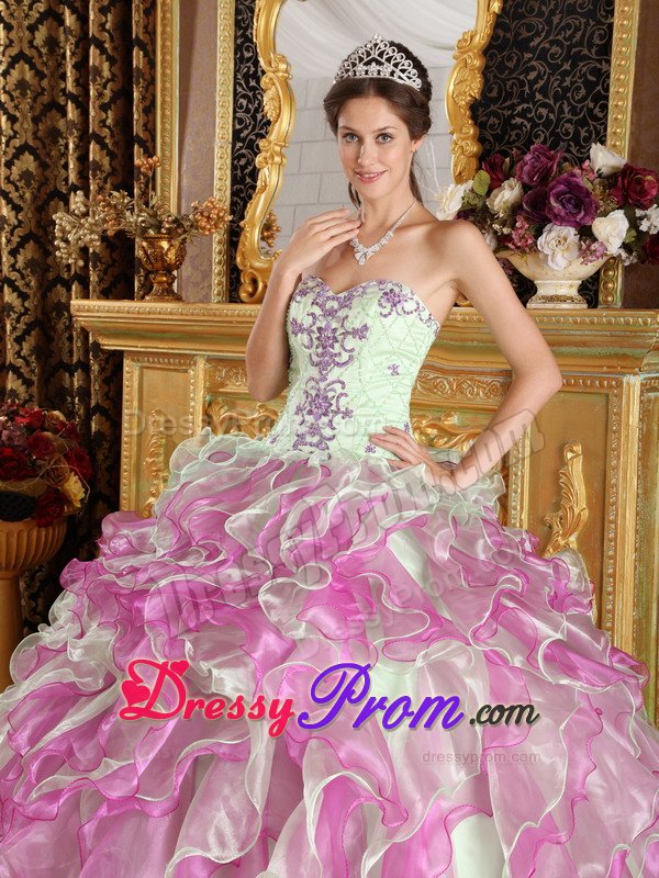 Apple Green And Fushcia Ruffled Appliqued Quinceanera Dress