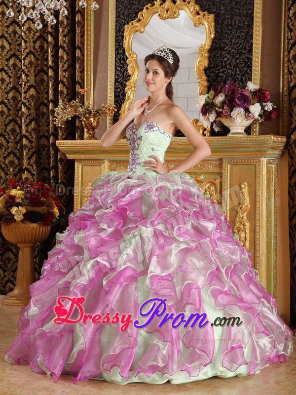 Apple Green And Fushcia Ruffled Appliqued Quinceanera Dress