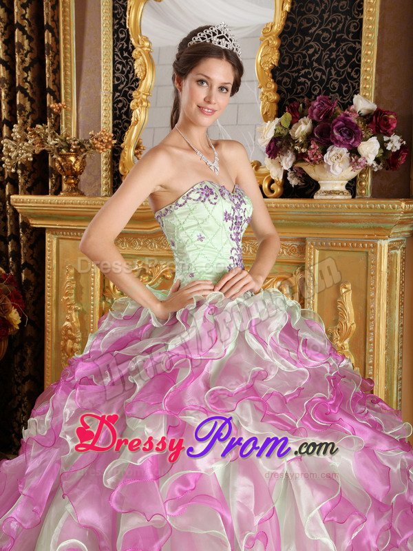 Apple Green And Fushcia Ruffled Appliqued Quinceanera Dress