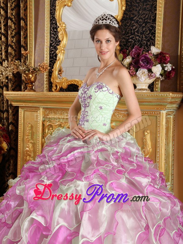 Apple Green And Fushcia Ruffled Appliqued Quinceanera Dress