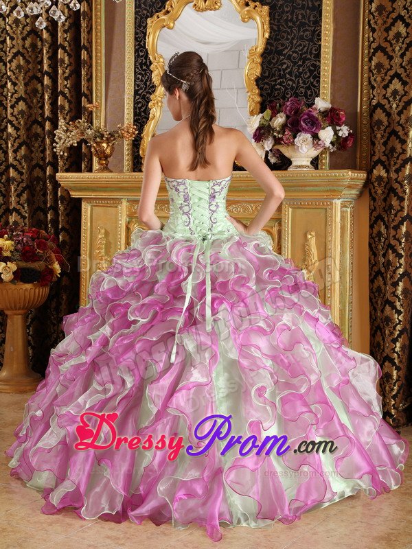 Apple Green And Fushcia Ruffled Appliqued Quinceanera Dress