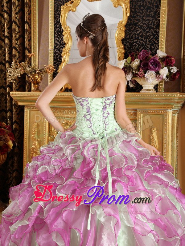 Apple Green And Fushcia Ruffled Appliqued Quinceanera Dress