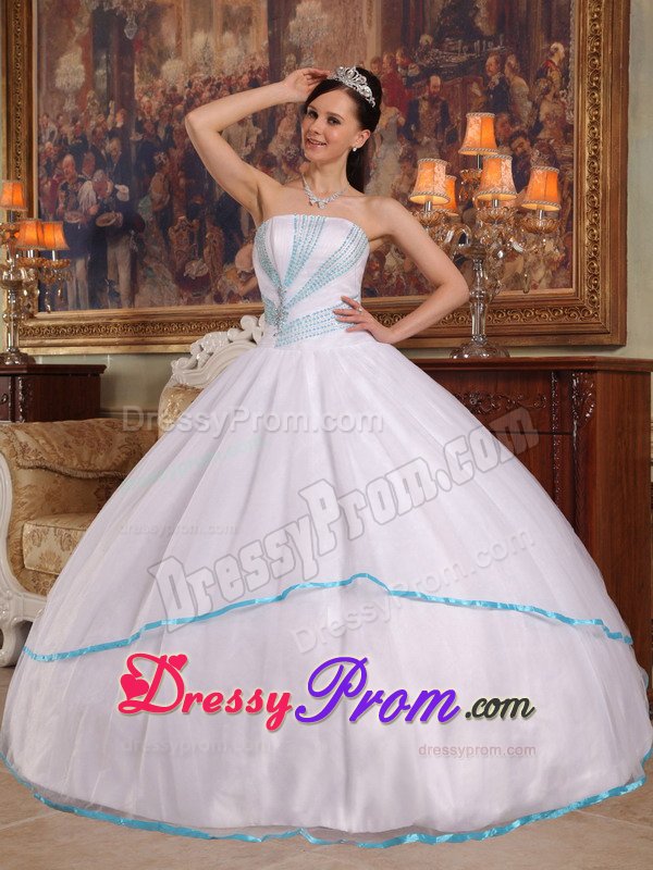 Cheap White Ball Gown Quinceanera Dresses with Blue Beading