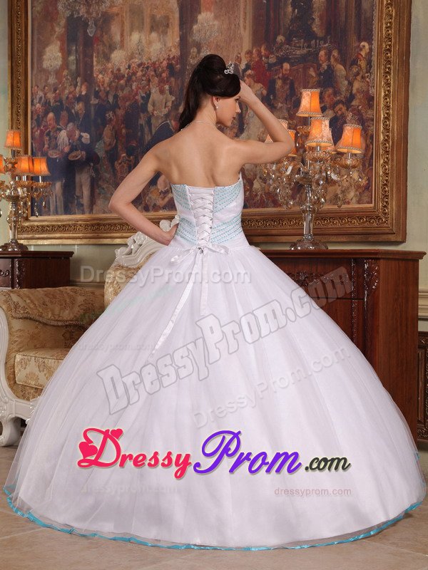 Cheap White Ball Gown Quinceanera Dresses with Blue Beading