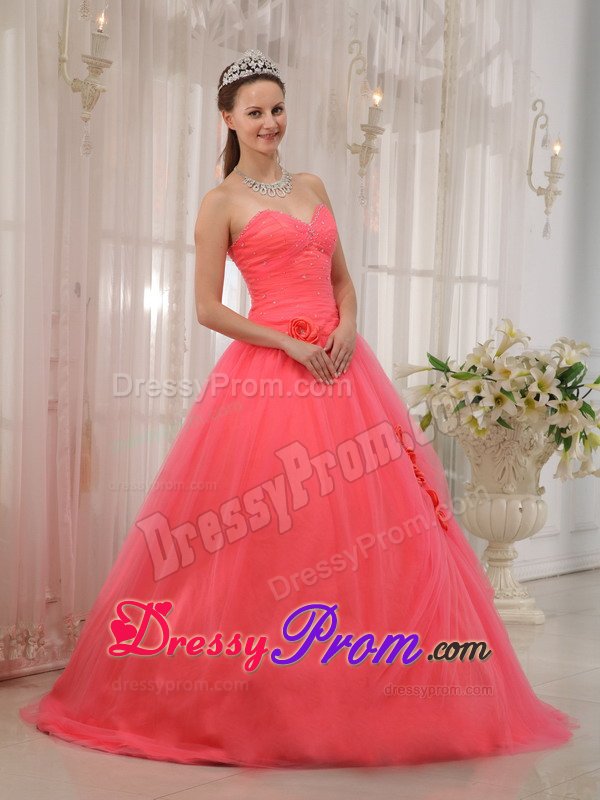 Sweetheart Floor-length Flowers Watermelon Quinceanera Gown