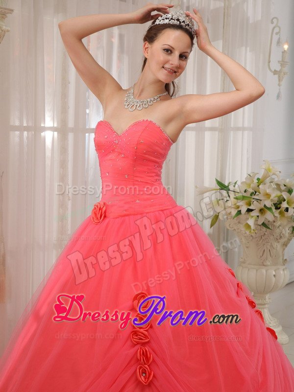 Sweetheart Floor-length Flowers Watermelon Quinceanera Gown