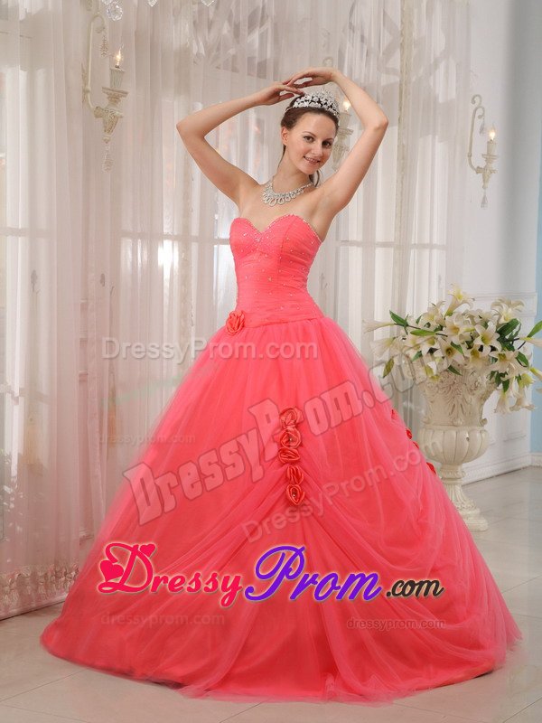 Sweetheart Floor-length Flowers Watermelon Quinceanera Gown