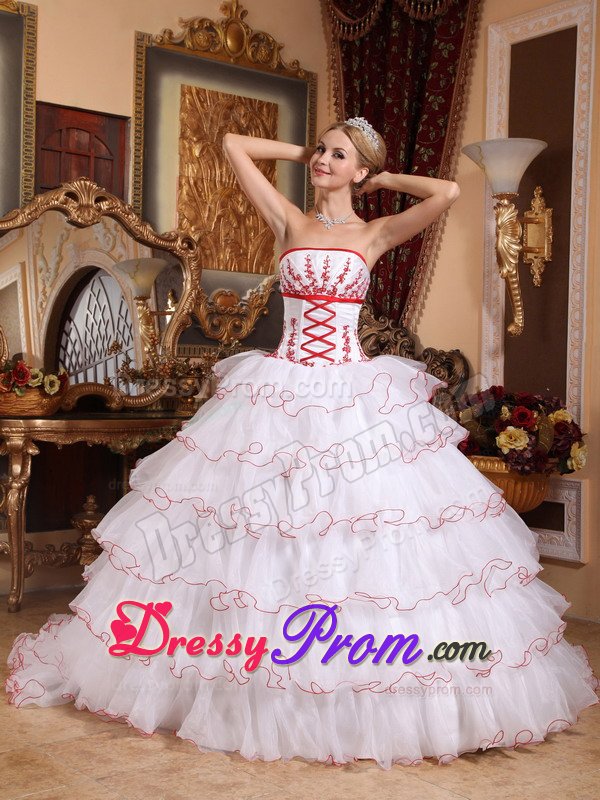 White Organza Ruffled Dress for Sweet 16 with Detachable Train