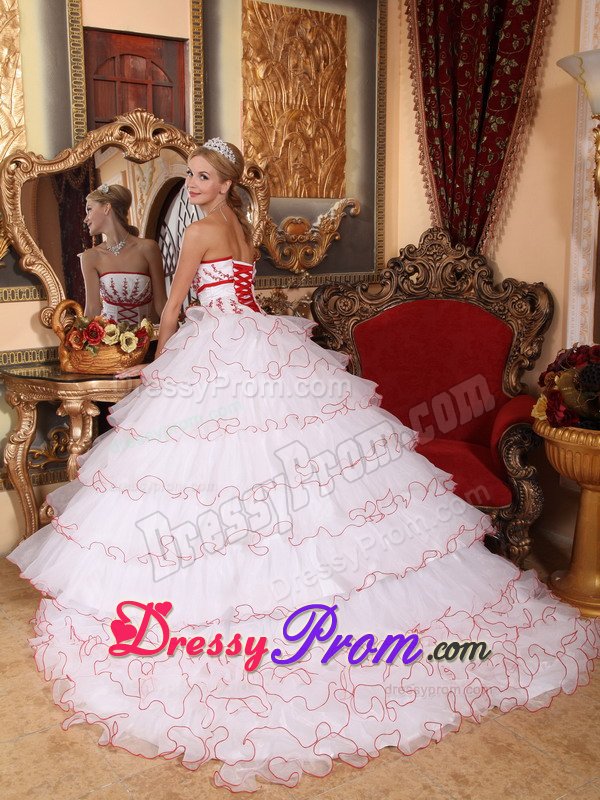White Organza Ruffled Dress for Sweet 16 with Detachable Train