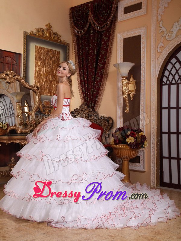 White Organza Ruffled Dress for Sweet 16 with Detachable Train