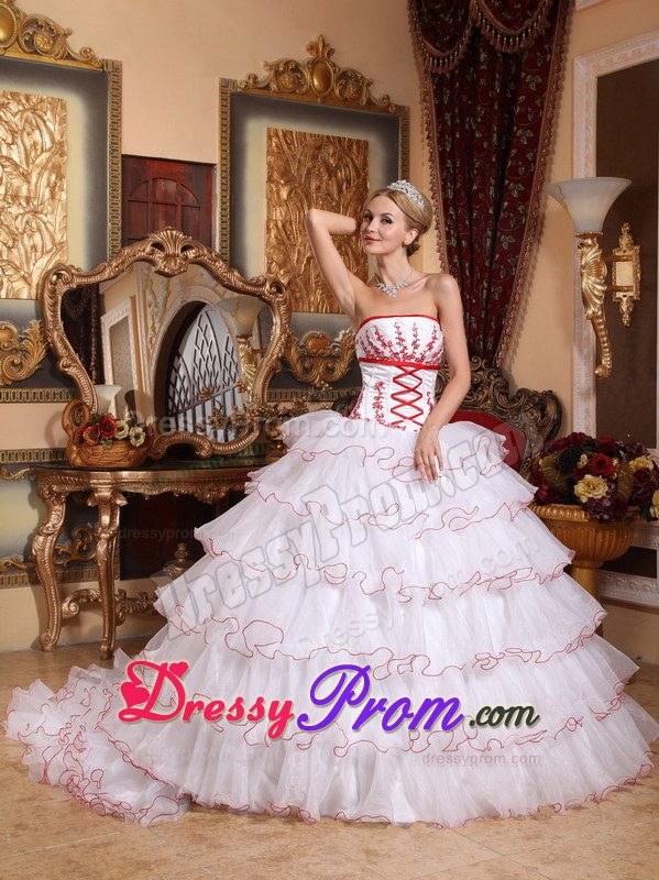 White Organza Ruffled Dress for Sweet 16 with Detachable Train