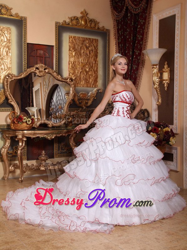 White Organza Ruffled Dress for Sweet 16 with Detachable Train