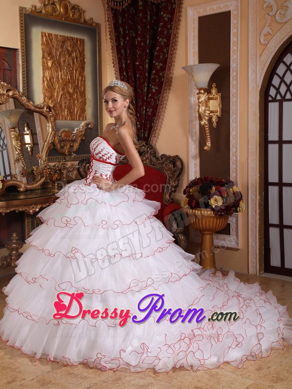 White Organza Ruffled Dress for Sweet 16 with Detachable Train