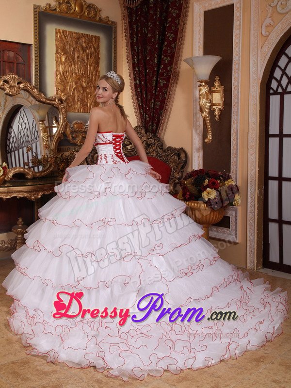 White Organza Ruffled Dress for Sweet 16 with Detachable Train
