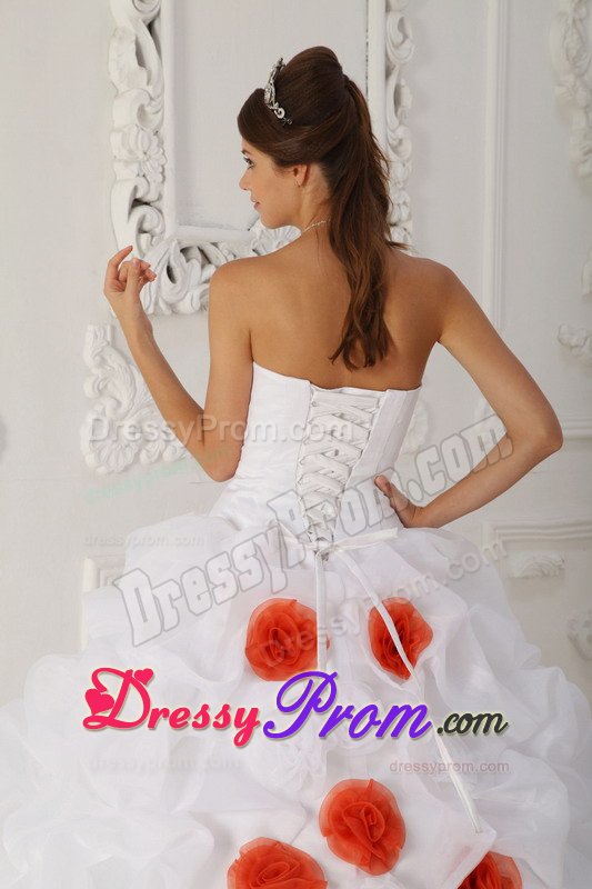 Beaded White Sweet 15 Dresses with Orange Handmade Flowers