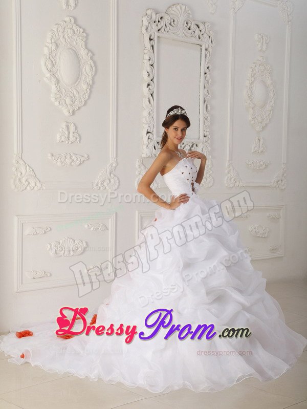 Beaded White Sweet 15 Dresses with Orange Handmade Flowers