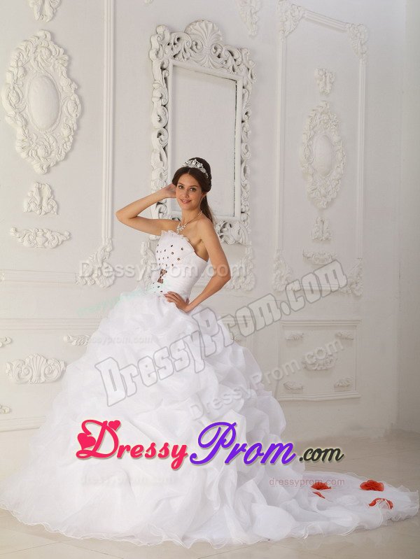 Beaded White Sweet 15 Dresses with Orange Handmade Flowers