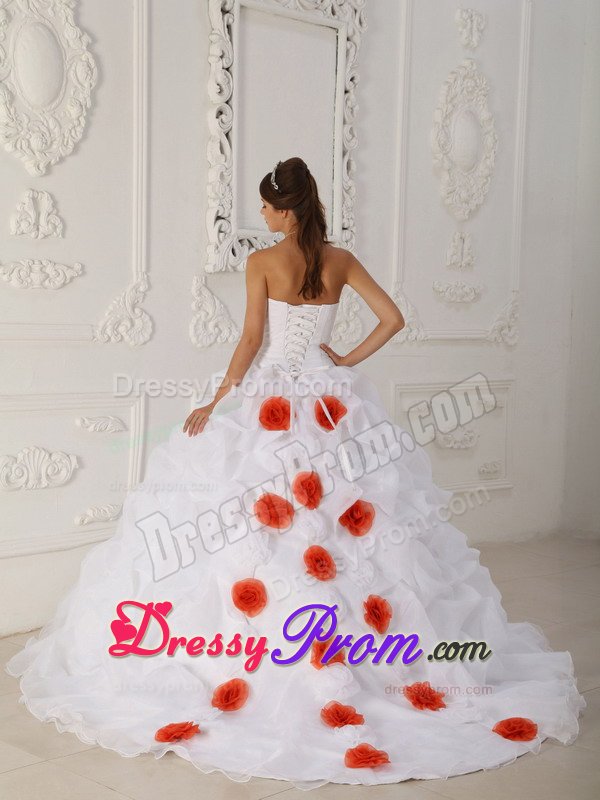 Beaded White Sweet 15 Dresses with Orange Handmade Flowers