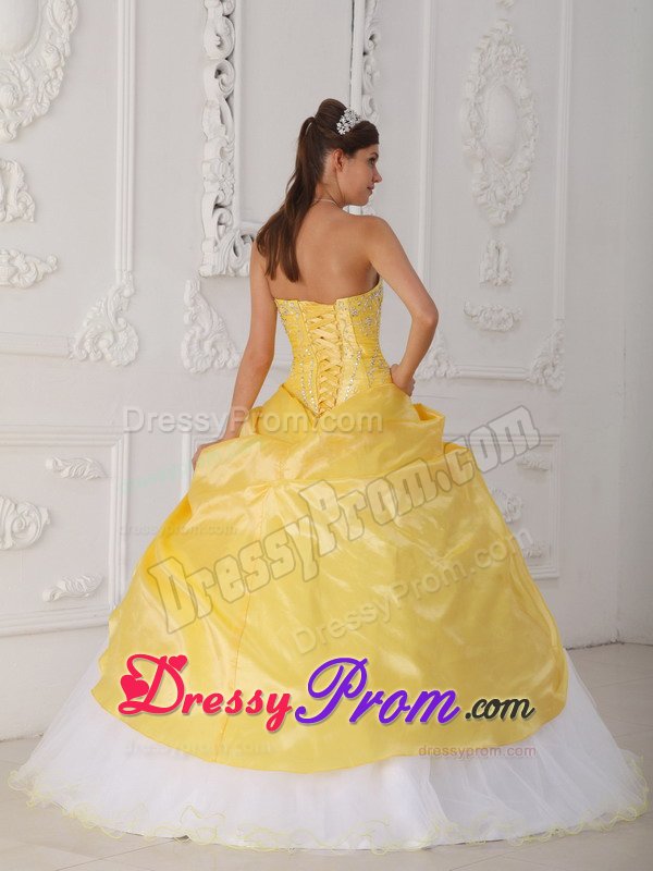 Plus Size Yellow And White Beaded Sweet 15/16 Birthday Dress