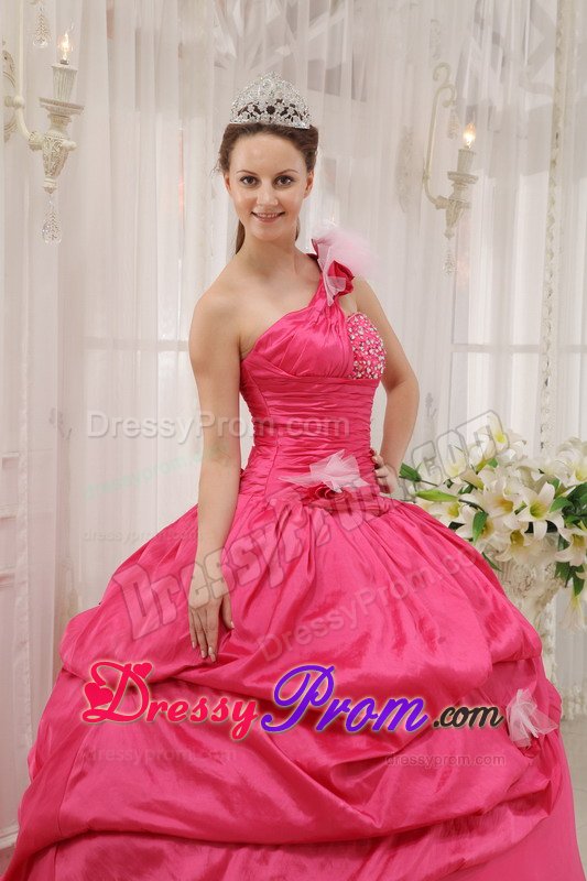 Hot Pink One Shoulder Beaded Quinceanera Dress with Flowers