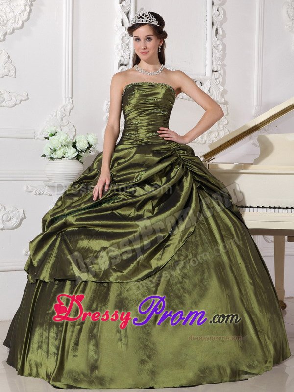 Olive Green Ruched Beaded Quinceanera Gown with Pick Ups