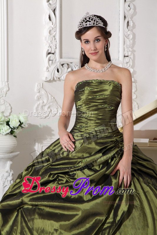 Olive Green Ruched Beaded Quinceanera Gown with Pick Ups