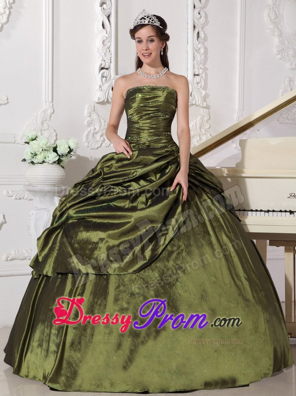 Olive Green Ruched Beaded Quinceanera Gown with Pick Ups