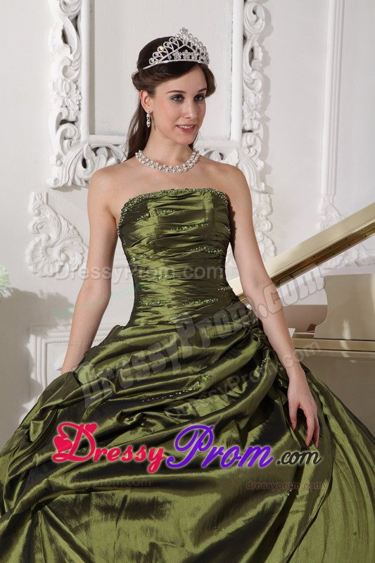 Olive Green Ruched Beaded Quinceanera Gown with Pick Ups