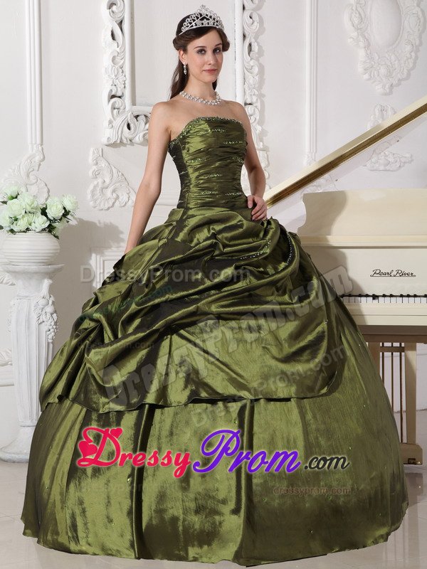 Olive Green Ruched Beaded Quinceanera Gown with Pick Ups