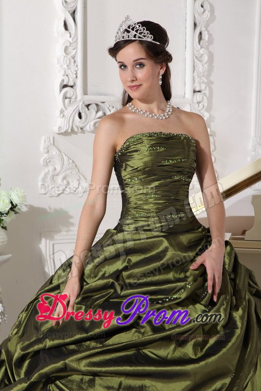 Olive Green Ruched Beaded Quinceanera Gown with Pick Ups