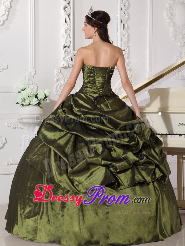 Olive Green Ruched Beaded Quinceanera Gown with Pick Ups