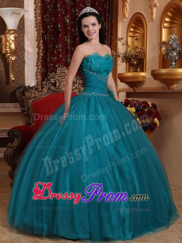 New Beaded Teal Quinceanera Dresses with Handmade Flower