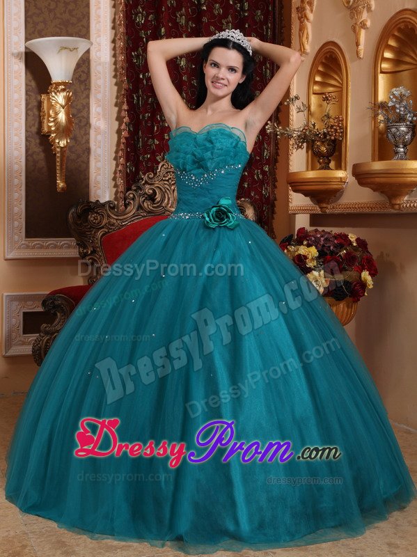 New Beaded Teal Quinceanera Dresses with Handmade Flower