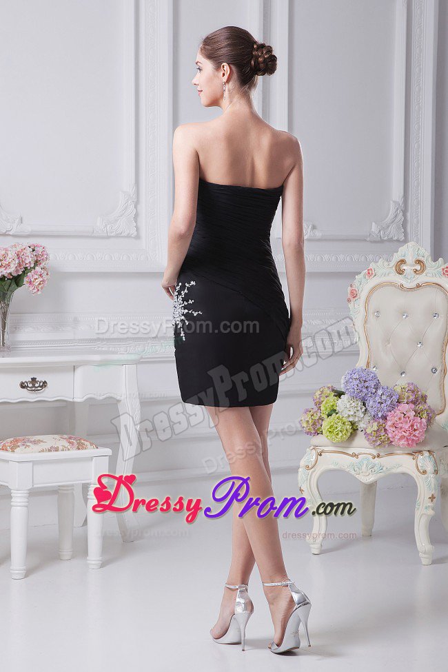 Beaded and Ruched Mini Length Strapless Prom Little Black Dress