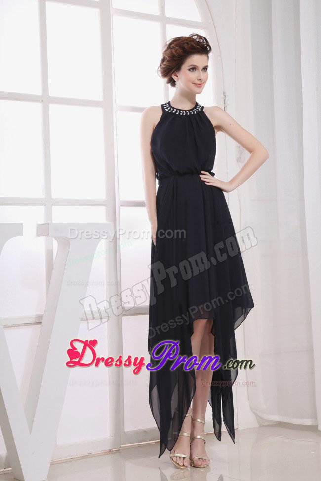 Beaded Halter Prom Little Black Dress with Asymmetrical Hemline