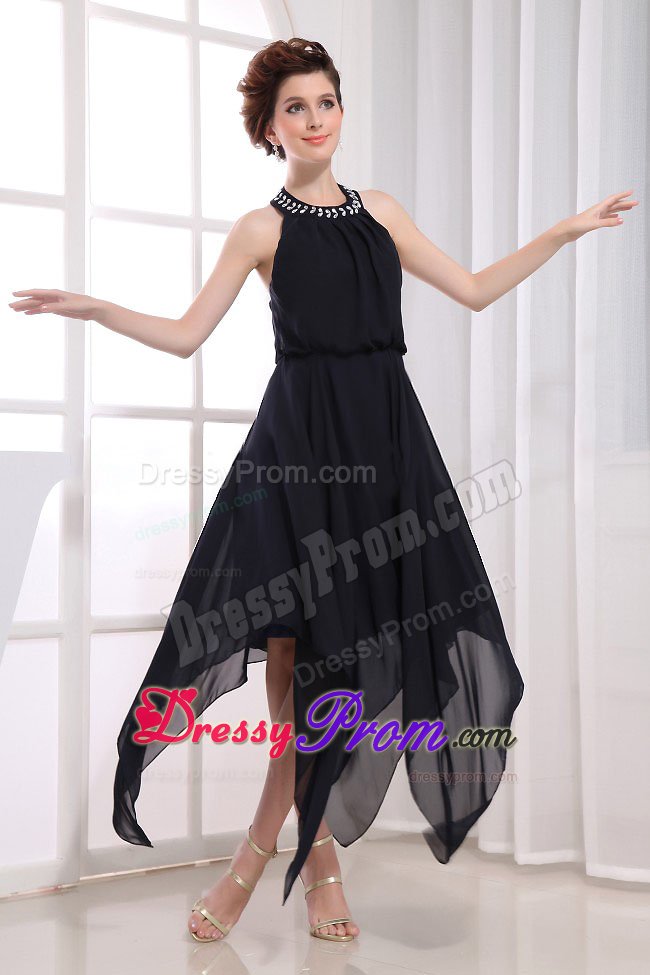 Beaded Halter Prom Little Black Dress with Asymmetrical Hemline