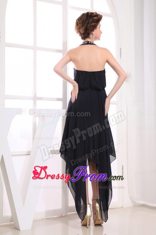 Beaded Halter Prom Little Black Dress with Asymmetrical Hemline