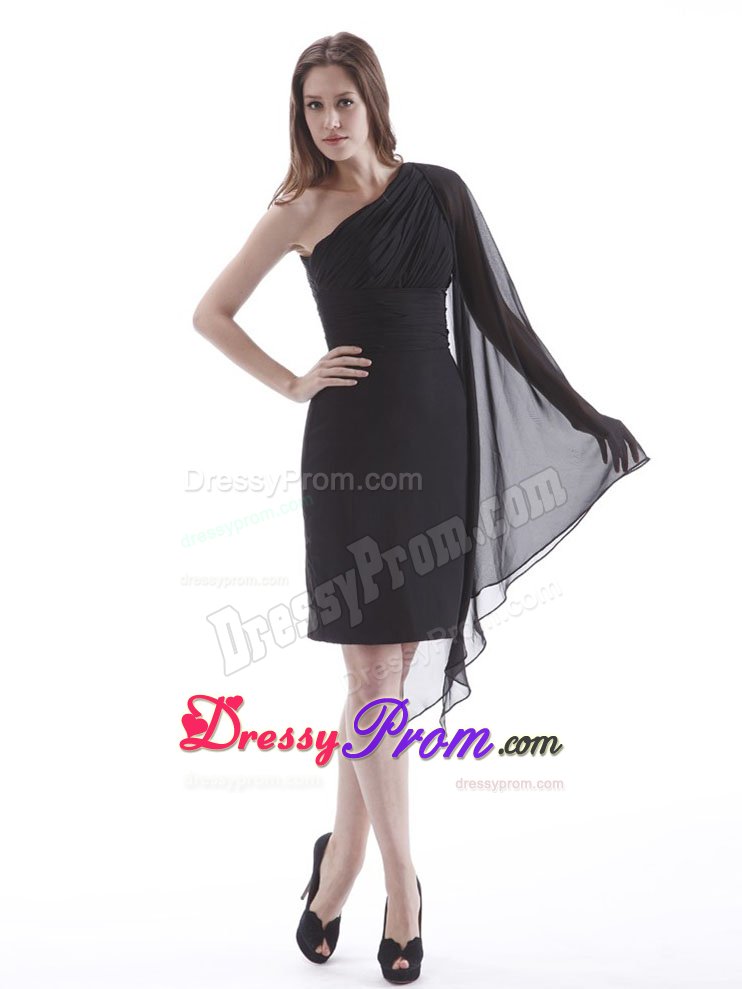 Ruched One Shoulder Prom Little Black Dress with Long Fan Sleeve