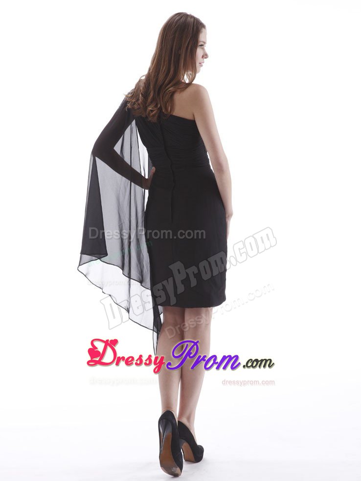 Ruched One Shoulder Prom Little Black Dress with Long Fan Sleeve