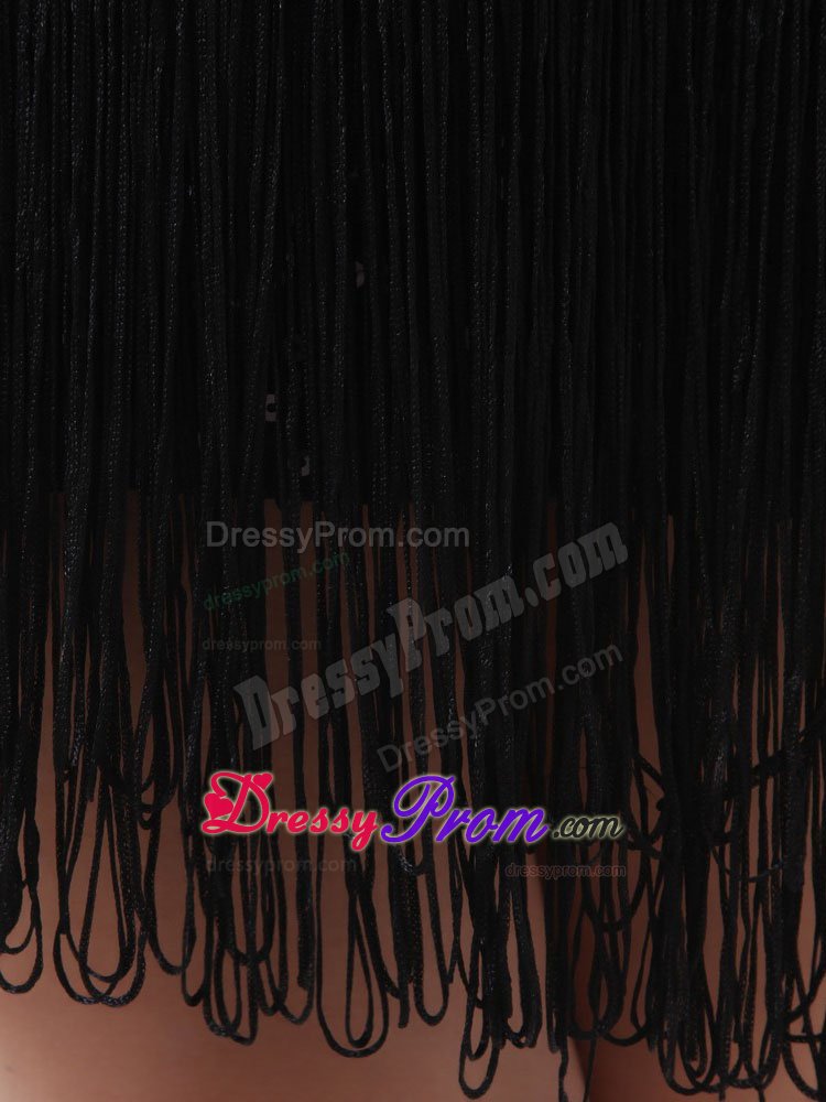 V-neck Mini Length Prom Little Black Dress with Sequins and Tassels